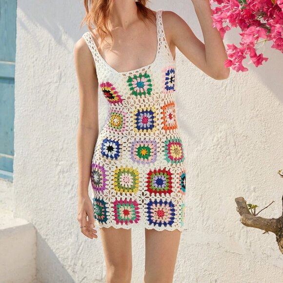 Multicolor Casual Women's Colorful Floral Knitted Boho Dress - Picture 4 of 6